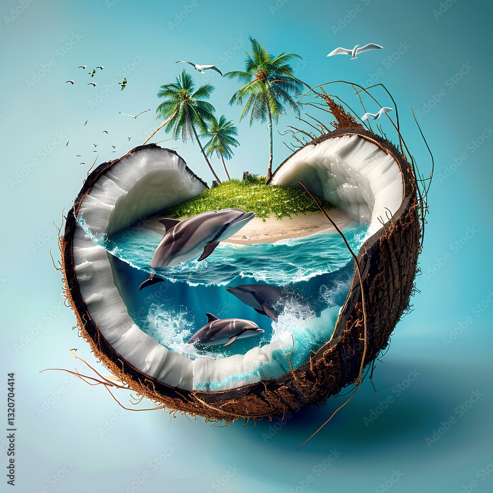 there is an island, lawn, beach, palm trees, ocean, dolphins inside the coconut shell
