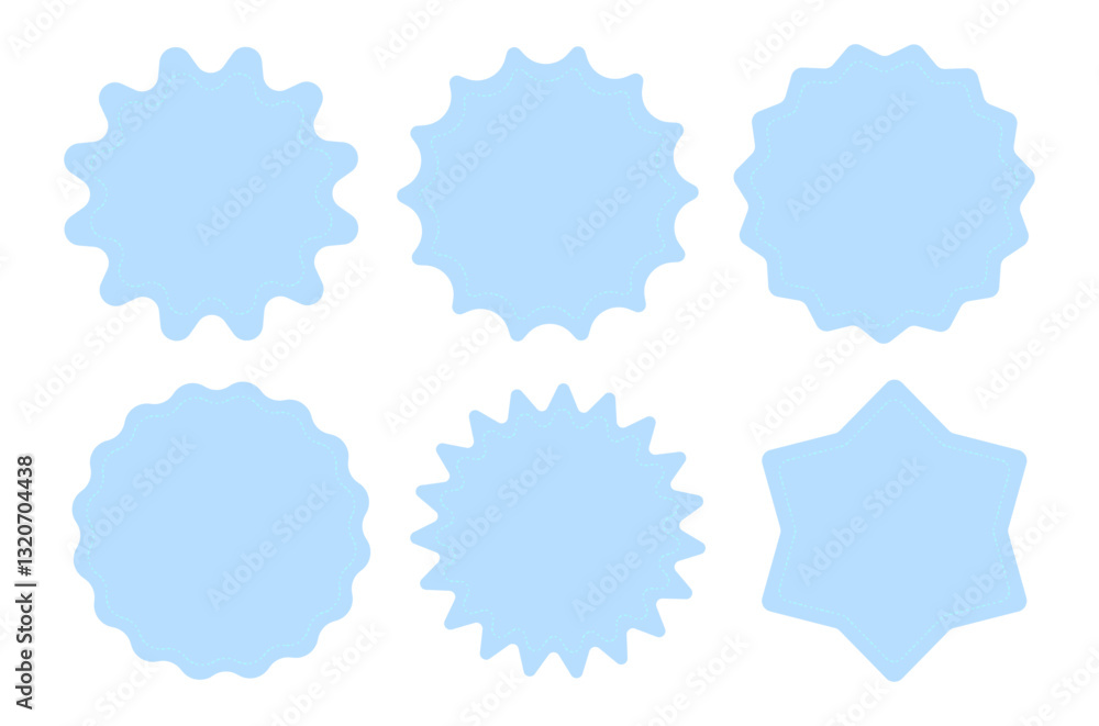 Set of six blue blank badge shapes with wavy and star edges isolated on white background. Vector template for labels, stickers, and design Set of six blue blank badge shapes with wavy and star edges isolated on white background. Vector template for labels, stickers, and design