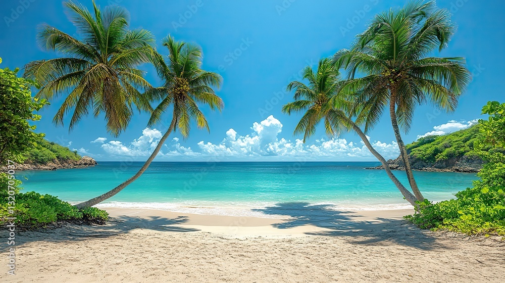 Palm trees four grow on a tropical beach, serene and idyllic, with calm ocean and clear blue sky. Palm trees four grow on a tropical beach, serene and idyllic, with calm ocean and clear blue sky.