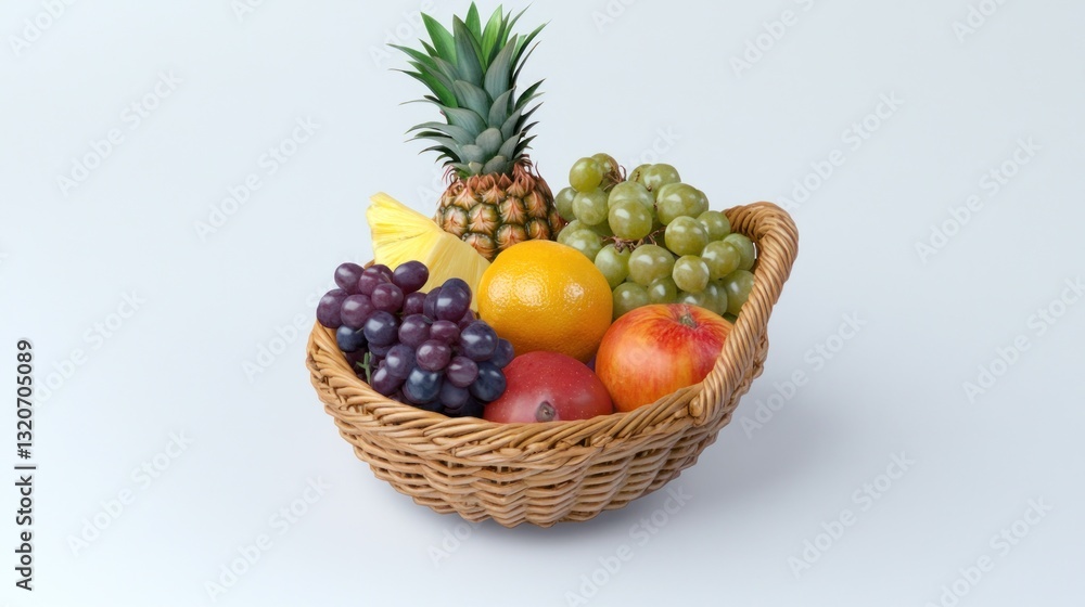 A wicker basket overflowing with vibrant pineapple, grapes, oranges, and apples A wicker basket overflowing with vibrant pineapple, grapes, oranges, and apples