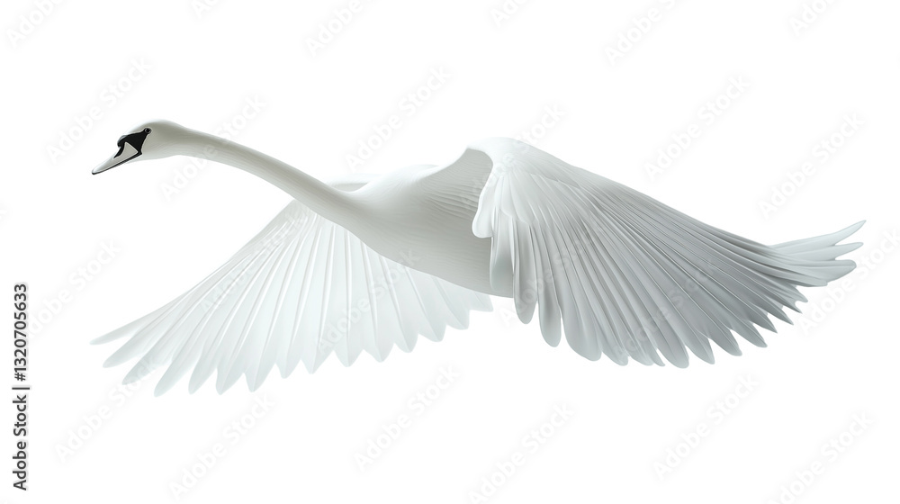 Obraz premium Swan flies gracefully from the side, showcasing its elegance against a white background