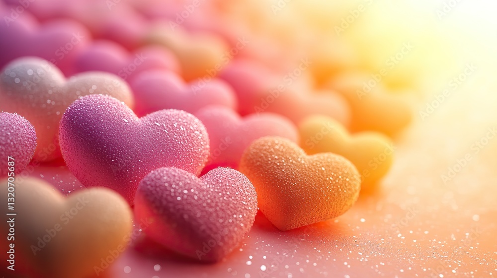 Obraz premium Pastel hearts float on a warm yellow, orange, and pink gradient, creating a dreamy, romantic atmosphere ideal for Valentine's Day and spring.