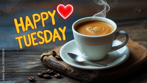Happy Tuesday on paper note with coffee cup, top viwe. happy morning,  coffee, beautiful Tuesday

