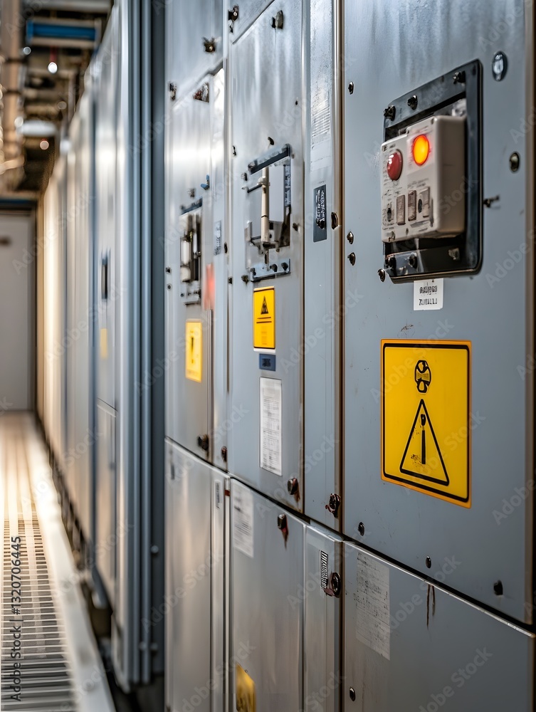 Industrial Electrical Control Panel with Safety Warnings in High-Voltage Room Industrial Electrical Control Panel with Safety Warnings in High-Voltage Room
