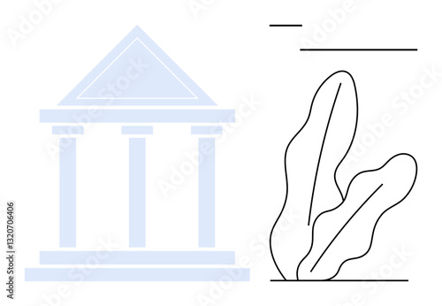 Classical building facade with columns in muted tones paired with outlined plant leaves and linear accents. Ideal for law, architecture, government, education, heritage, minimalism, flat simple