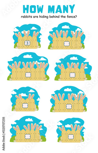 counting or puzzle activity for children, sections of a wooden fence with playful rabbit ears peeking over the top