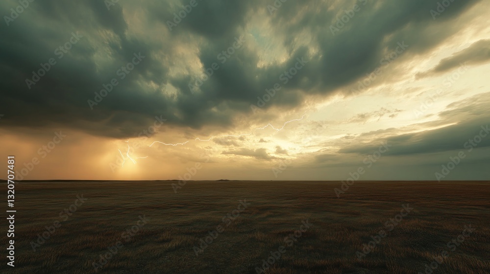 Fototapeta premium Dramatic sunset over flatlands with lightning strike