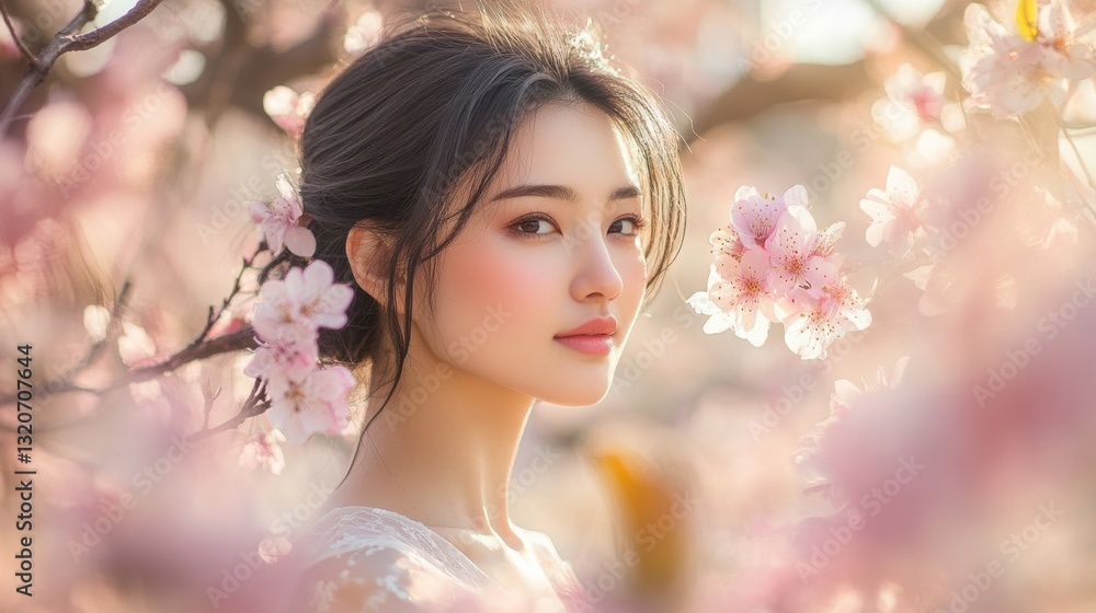 Woman among blooming cherry blossoms in springtime setting Woman among blooming cherry blossoms in springtime setting