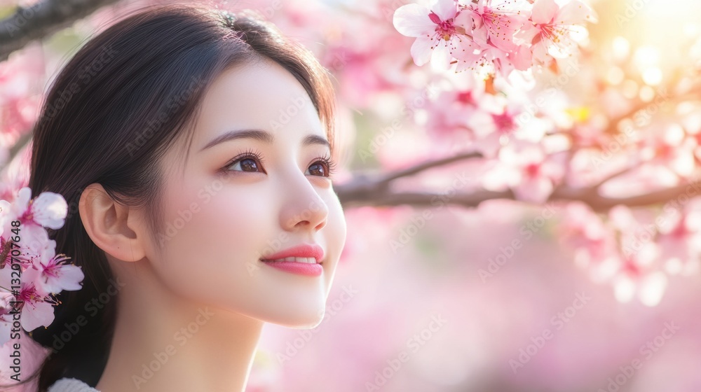 Young woman enjoying cherry blossoms during springtime bloom Young woman enjoying cherry blossoms during springtime bloom
