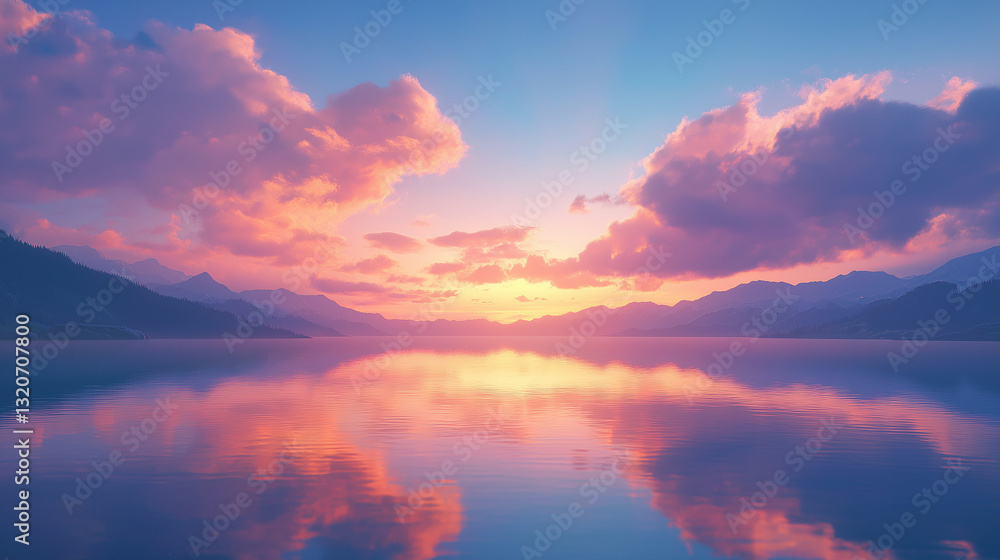 Fototapeta premium Serene sunrise over a calm lake with reflections of clouds