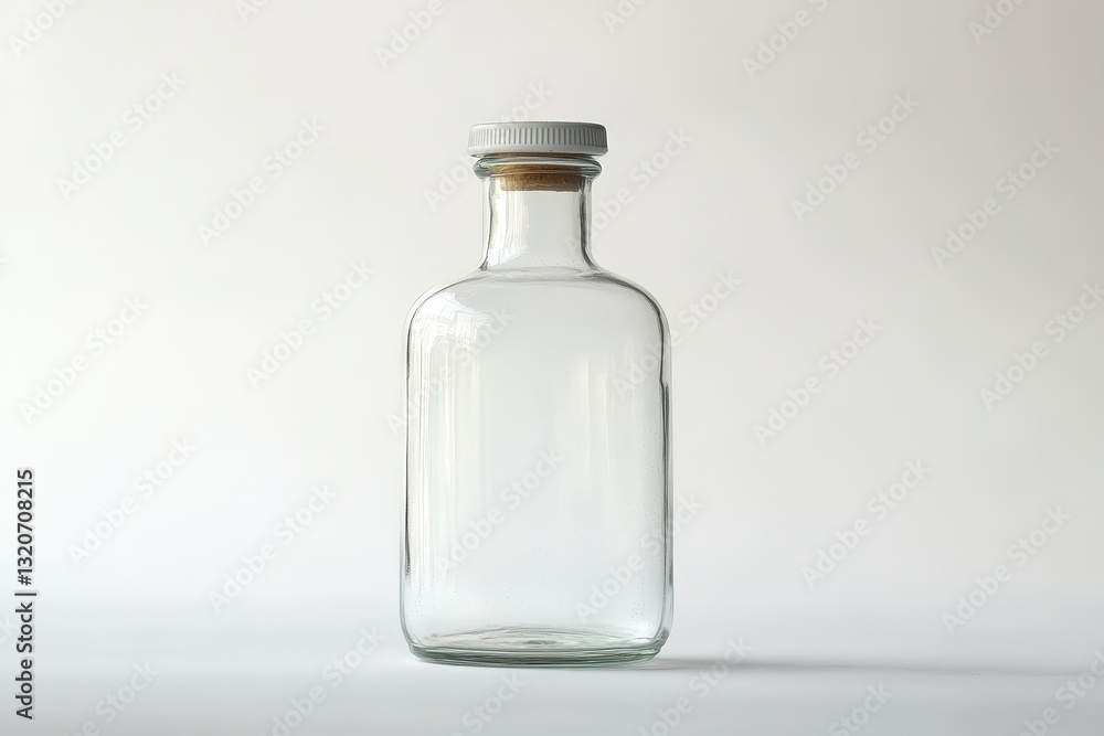 A clear glass bottle with a white lid on a white surface A clear glass bottle with a white lid on a white surface