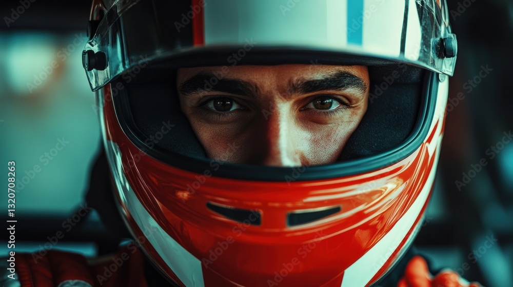 Racing driver focuses intently before the big race at the track Racing driver focuses intently before the big race at the track