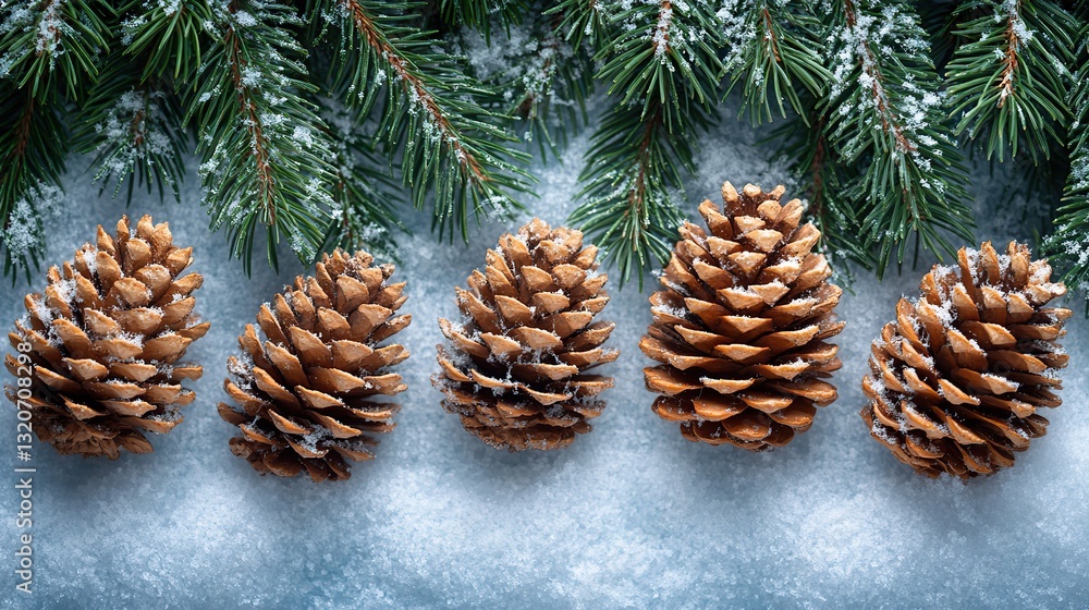 Pine cones and fir branches arranged on a snowy surface create a beautiful, natural winter holiday pattern. Pine cones and fir branches arranged on a snowy surface create a beautiful, natural winter holiday pattern.