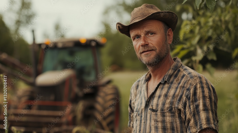 Obraz premium Farmer working in the field with tractor in background during daytime