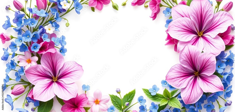 Pink, white, & blue lisianthus, pansy, bluebell, forget-me-not wreath Floral circle frame Vector illustration, floral pattern, nature Pink, white, & blue lisianthus, pansy, bluebell, forget-me-not wreath Floral circle frame Vector illustration, floral pattern, nature