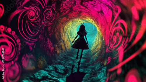 Abstract image of Alice, glowing silhouette of a girl falling down a rabbit hole, neon swirls and fractal patterns