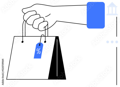 Hand holding shopping bag tagged with a discount symbol. Ideal for commerce, sales, e-commerce, retail, promotions, shopping, economics. Flat simple metaphor