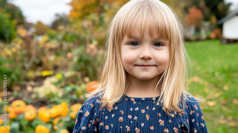 A young blonde girl is wearing a blue dress and standing in a garden A young blonde girl is wearing a blue dress and standing in a garden