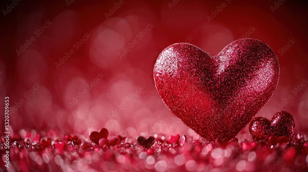 Obraz premium Red glitter heart with smaller hearts on red background