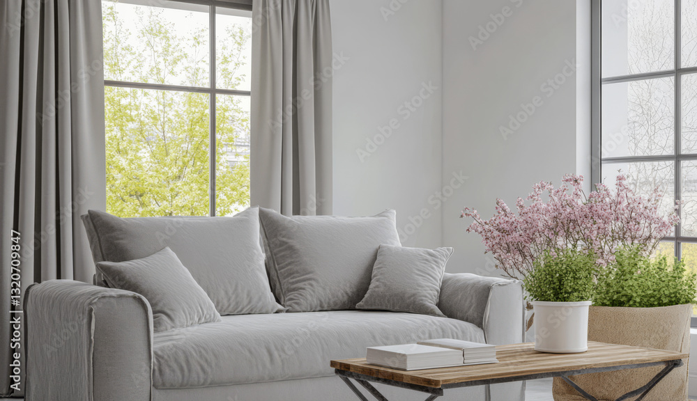 Fototapeta premium Comfortable living room with modern decor and greenery in a bright space