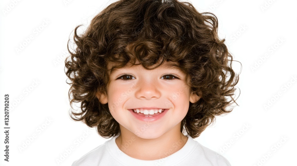 A young boy with curly hair is smiling