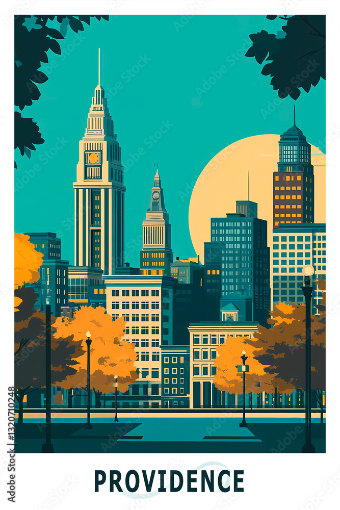 Fototapeta premium Providence USA, Rhode Island state illustrated poster in retro style. Vintage travel booklet, postcard, print, cover with scenic skyline, skyscrapers