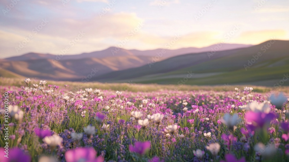 Fototapeta premium Serene sunset over a vast field of wildflowers and rolling hills