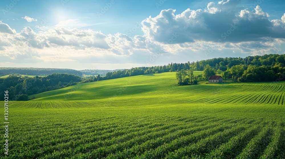 A serene expanse of vibrant green fields stretches across the landscape, dotted with a quaint farmhouse, under a blue sky filled with fluffy clouds