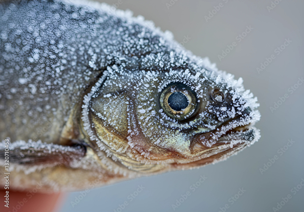 Fototapeta premium Frost-Covered Tilapia Fish Head Close-Up
