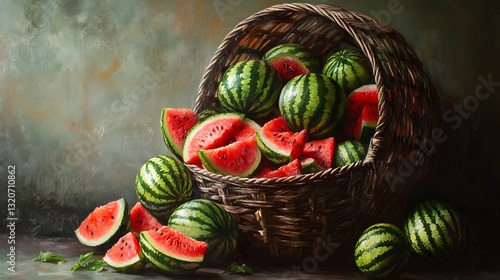 Fresh Whole Watermelon Overflowing from a Basket photo