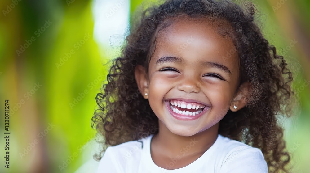 A young girl with curly hair is smiling and laughing A young girl with curly hair is smiling and laughing