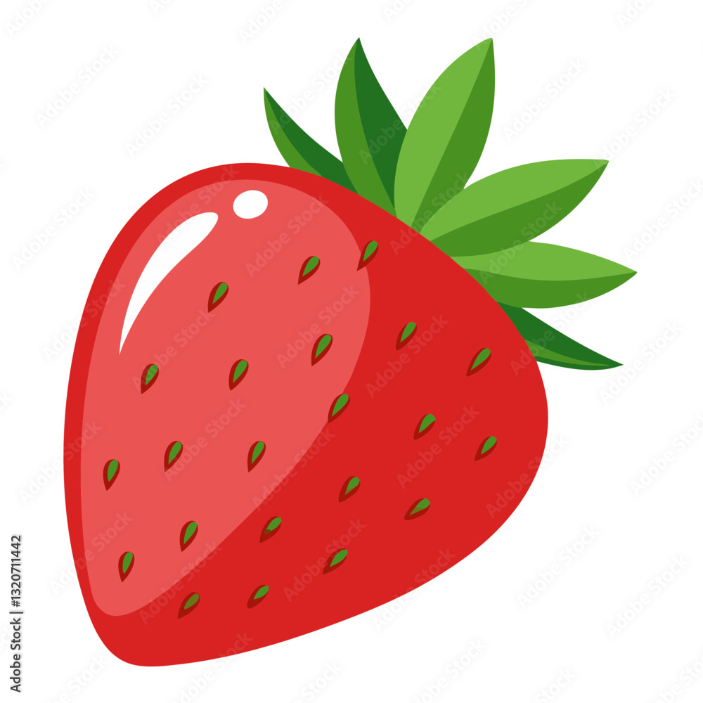 a red strawberry with green leaves and small seeds. a red strawberry with green leaves and small seeds.