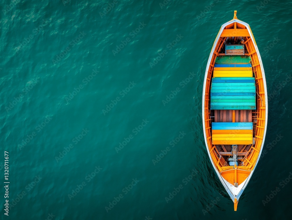 Aerial top down view of a vibrant wooden boat floating in turquoise tropical waters creating a serene maritime scene ideal for modern travel photography stock images Aerial top down view of a vibrant wooden boat floating in turquoise tropical waters creating a serene maritime scene ideal for modern travel photography stock images