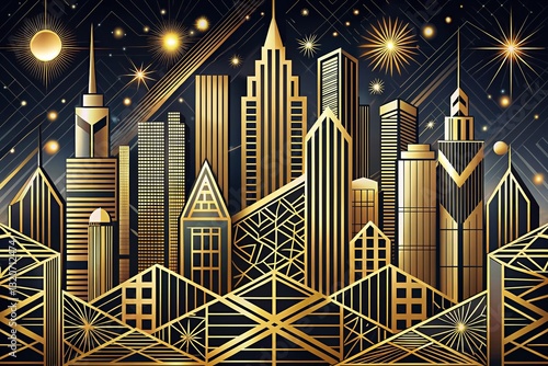 Art Deco Skyline: Gold & Black Geometric Cityscape Illustration