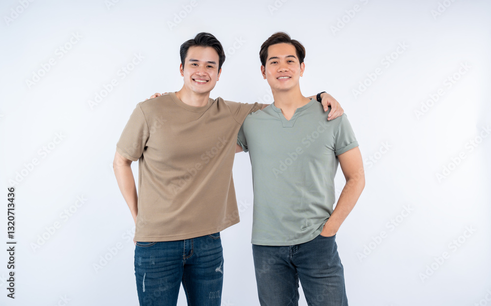 Two smiling men pose together, arm in arm, against a clean, white background. Casual attire and genuine smiles convey camaraderie. Two smiling men pose together, arm in arm, against a clean, white background. Casual attire and genuine smiles convey camaraderie.