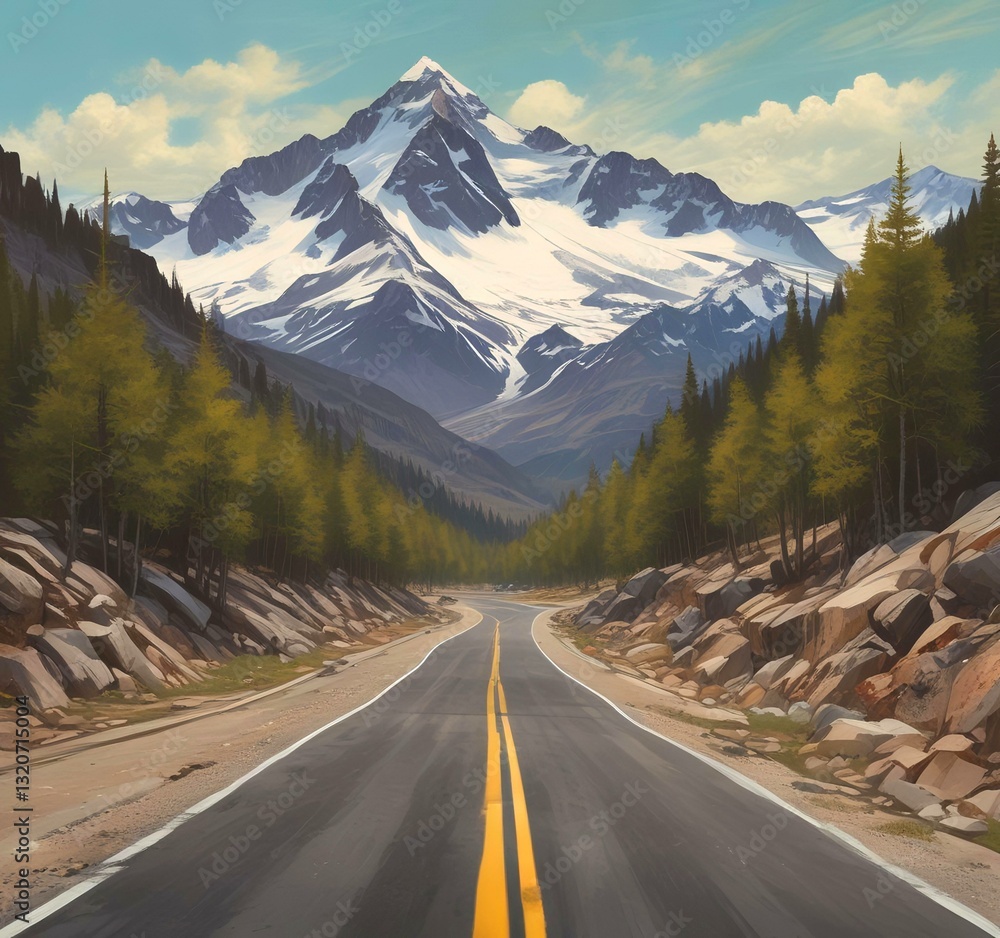 Fototapeta premium Illustration of road in wild and scenic landscape.