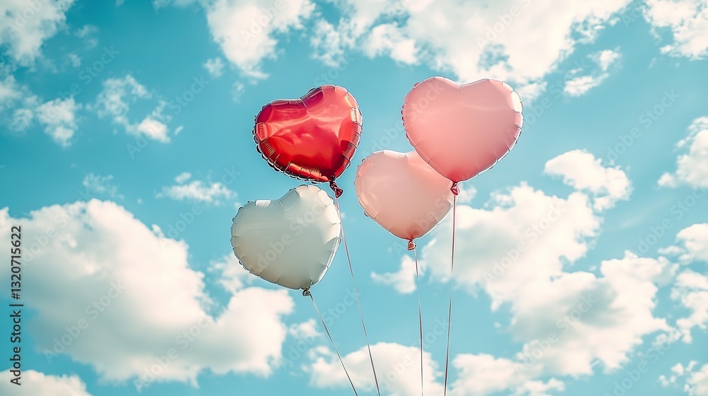 Pink, red, and white heart shaped balloons float against a pastel blue sky and fluffy clouds, creating a romantic Valentine's Dayanniversary atmosphere. Pink, red, and white heart shaped balloons float against a pastel blue sky and fluffy clouds, creating a romantic Valentine's Dayanniversary atmosphere.