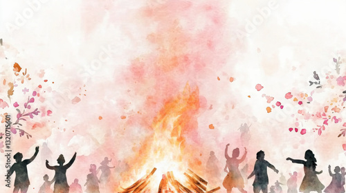 Watercolor illustration of people dancing around bonfire during Holika Dahan