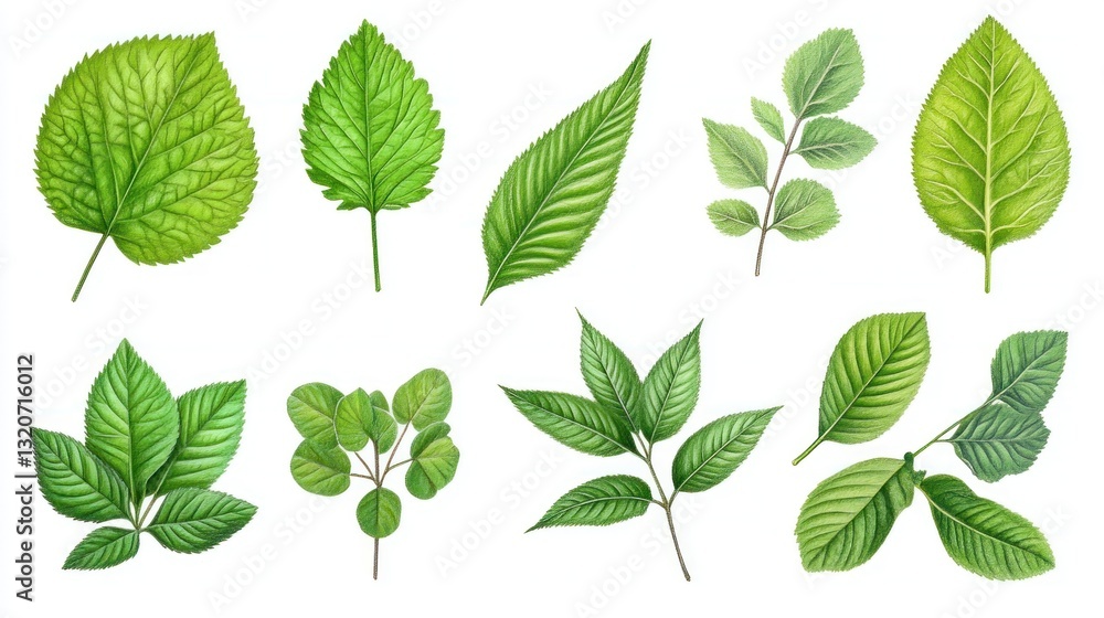 Collection of twelve detailed green leaves illustrations, isolated on white background Collection of twelve detailed green leaves illustrations, isolated on white background
