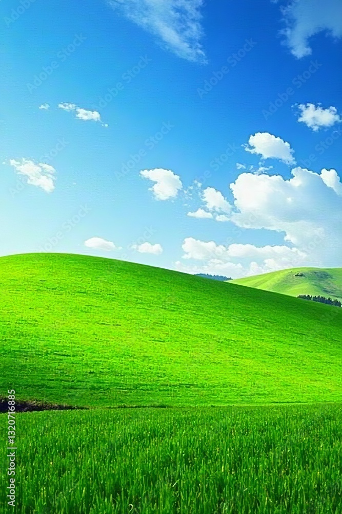 Obraz premium Rolling meadows with bright green grass against blue skies, vibrant, horizon, summer