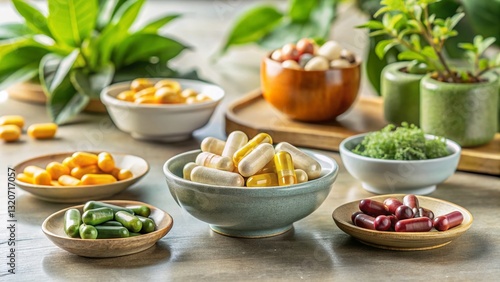 Assorted Supplements in Ceramic Bowls: Modern Wellness & Health Concept