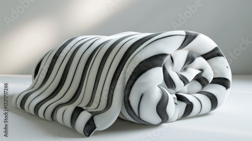 striped beach towel, neatly rolled on a white background
