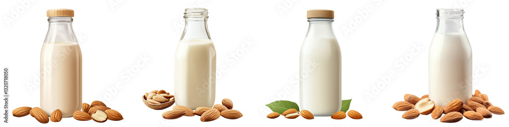 Set of a bottle of milk with some almond nuts around it, isolated on a transparent background. Set of a bottle of milk with some almond nuts around it, isolated on a transparent background.