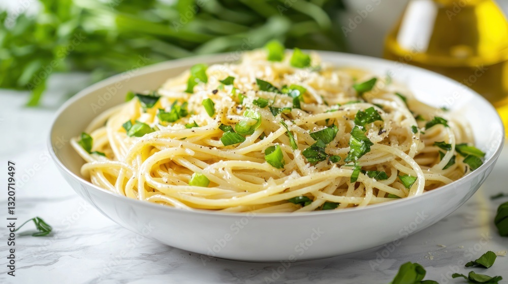 Italian Pasta Dish with Cheese and Herbs Served in White Bowl on Marble Background Elegant and Fresh Italian Pasta Dish with Cheese and Herbs Served in White Bowl on Marble Background Elegant and Fresh