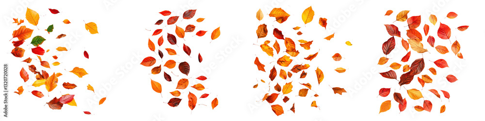 Fototapeta premium Scattered autumn leaves in vibrant orange red and yellow hues forming abstract patterns and textures on the ground The fallen foliage creates a natural organic and earthy background