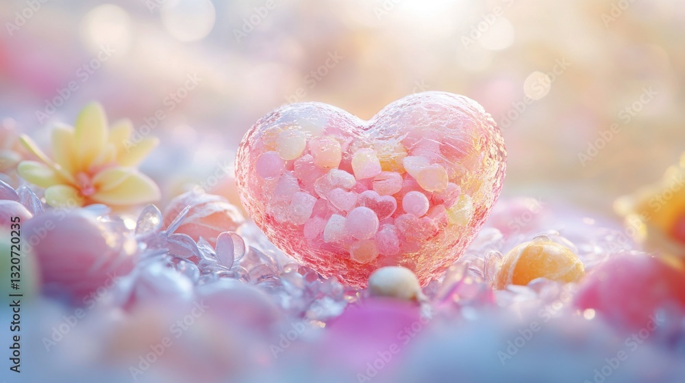 Obraz premium A translucent heart filled with tiny hearts rests among pastel flowers and candies in soft sunlight
