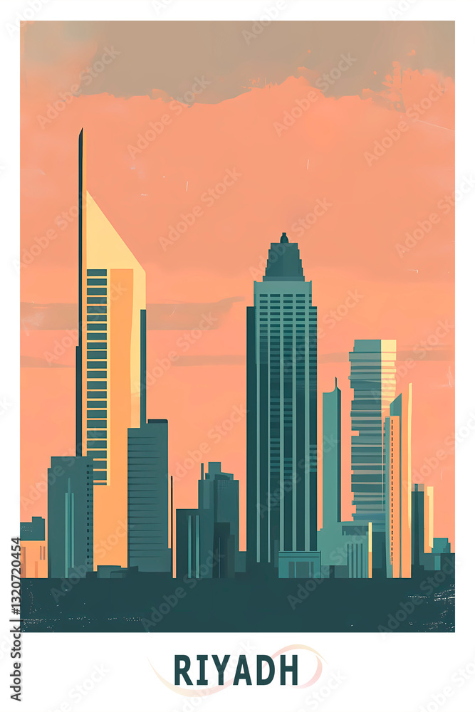 Fototapeta premium Riyadh, Saudi Arabia illustrated poster in retro style. Vintage travel booklet, postcard, print, cover with skyline