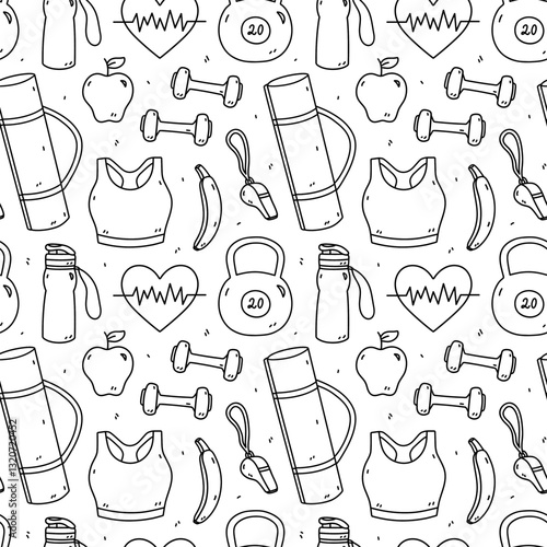 Seamless pattern with workout accessories - sports bra, kettlebell, dumbbells, yoga mat, whistle, fruits. Vector hand-drawn doodle illustration. Perfect for print, wallpaper, decorations.