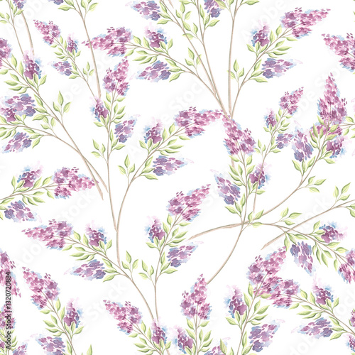 Lilac flowers sprigs with leaves. Botanical seamless pattern. Hand drawn watercolor illustration isolated. Syringa blooming. Summer background. Floral purple print. Template for wallpaper, textile.