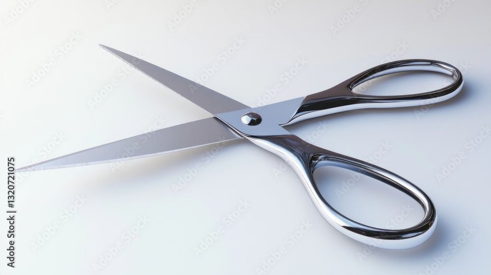 Polished metal scissors, open, angled, sharp blades, reflective surface Polished metal scissors, open, angled, sharp blades, reflective surface